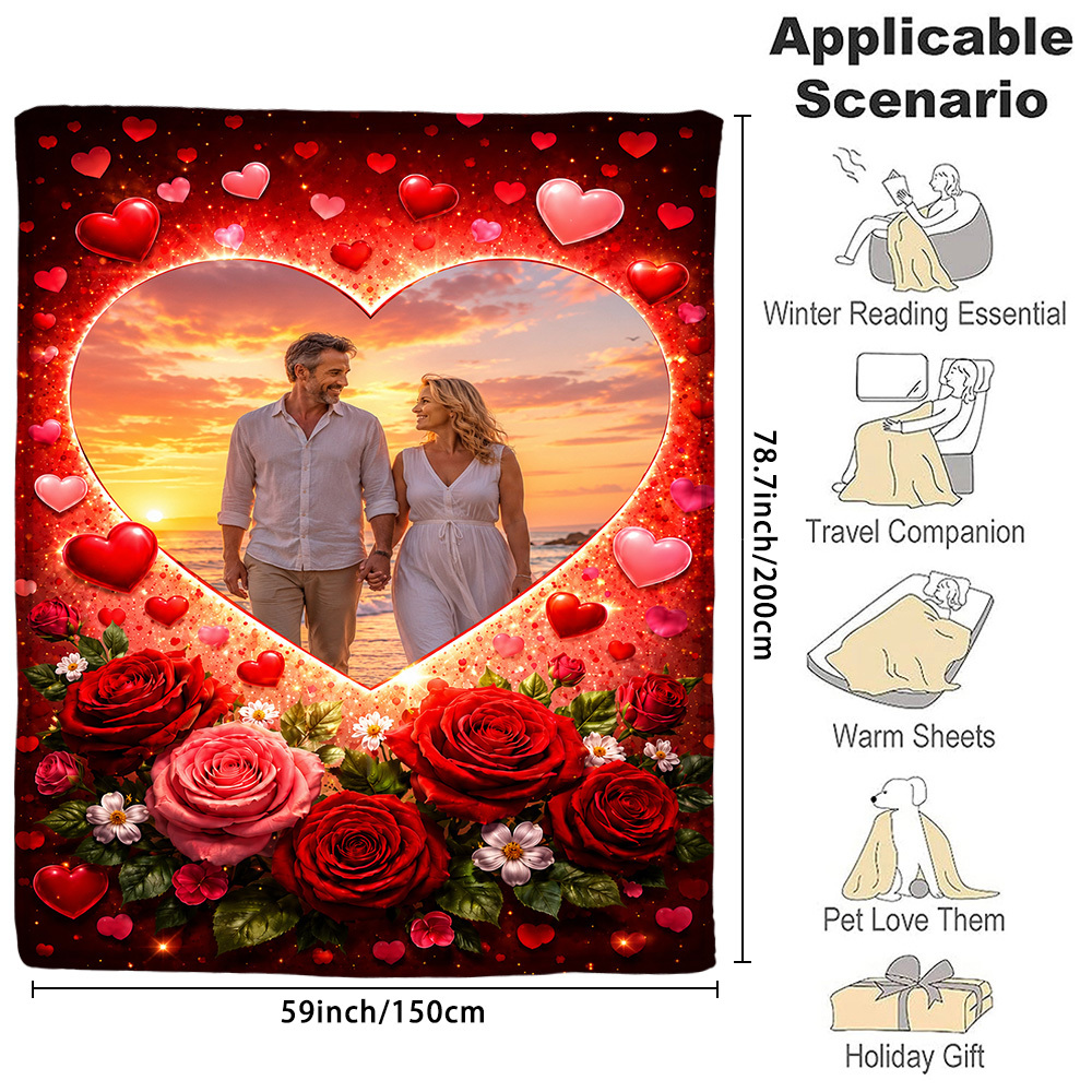 Red Rose Photo Flannel Blanket, Customizable Design